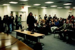 Ted Nugent with Mary, Jennifer, Christina Polkowski (seated first row behind Ted as he enters) together Testifying for the hearing of the proposed MI Concealed Carry Bill in 1999; at their own time and expense with no other gun group present